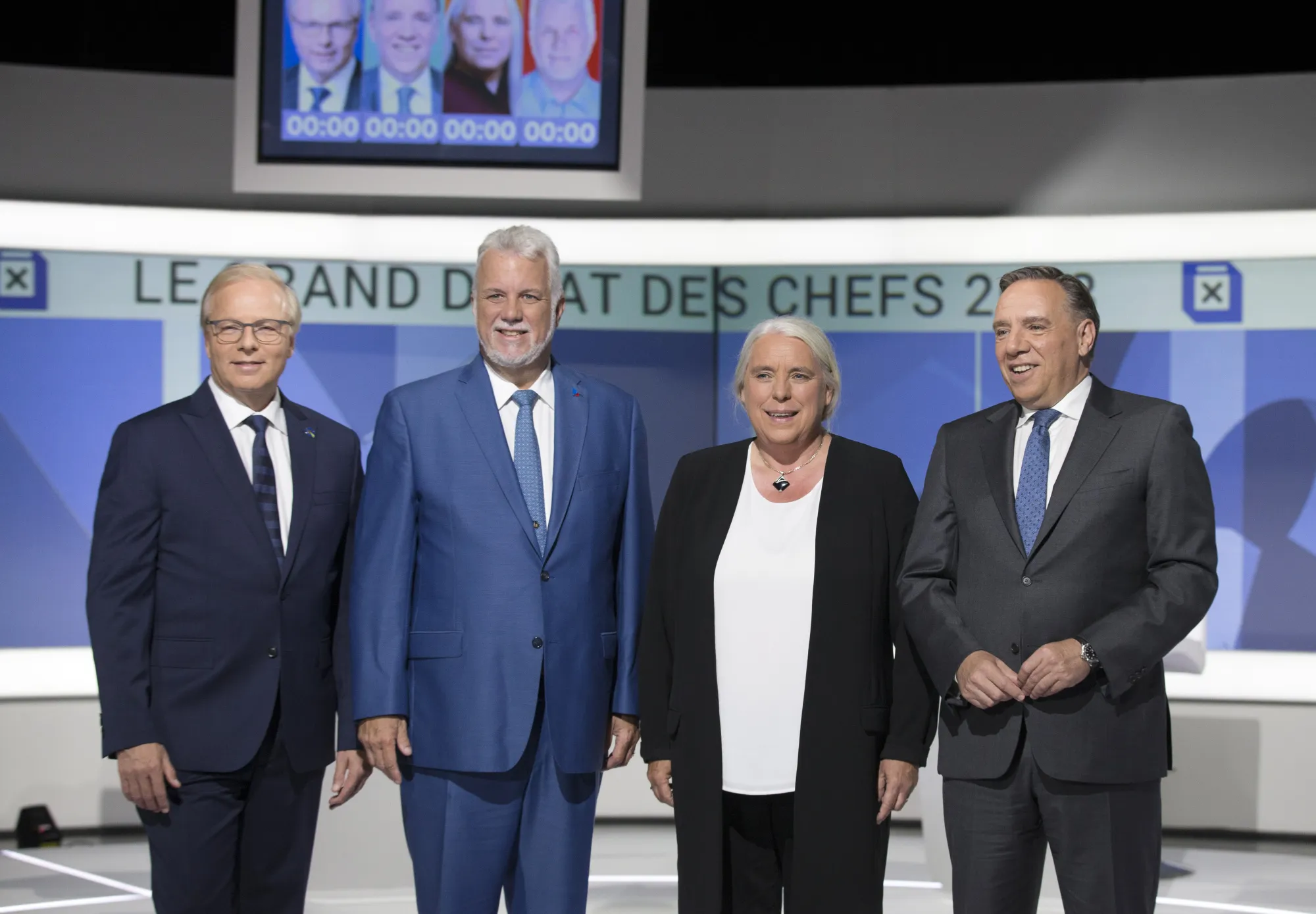 Jean‑Francois Lisee, Philippe Couillard, Manon Masse and Francois Legault&nbsp;in&nbsp;Quebec on Sept. 13.&nbsp;
