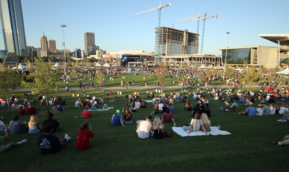 The lawn of Scissortail Park, looking toward the performance stage and downtown.