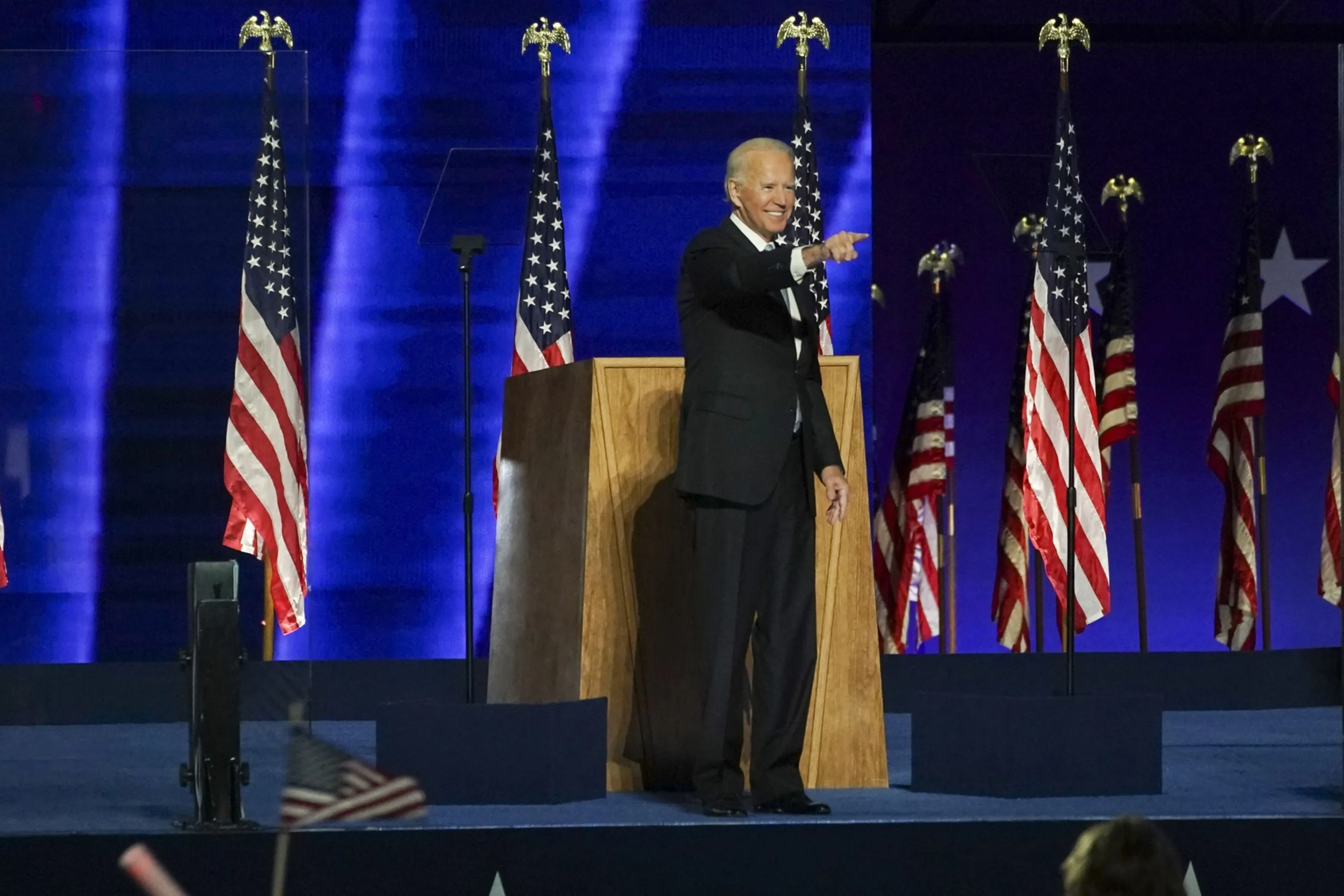 U.S. President-elect Joe Biden speaks while delivering an address to the nation during an election event in Wilmington, Delaware, U.S., on Saturday, Nov. 7, 2020.&nbsp;