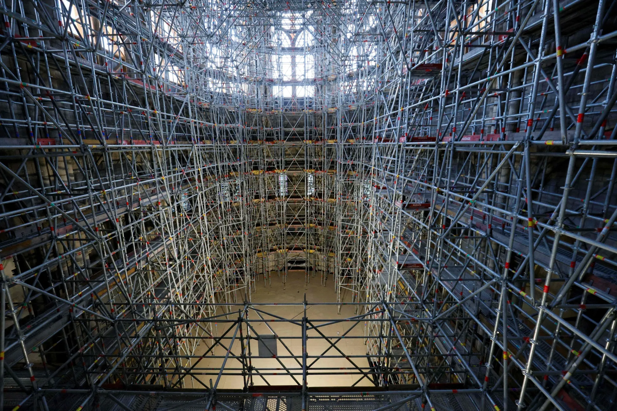 The nave of Notre-Dame under renovation in June, two years after the cathedral was ravaged by a fire.&nbsp;