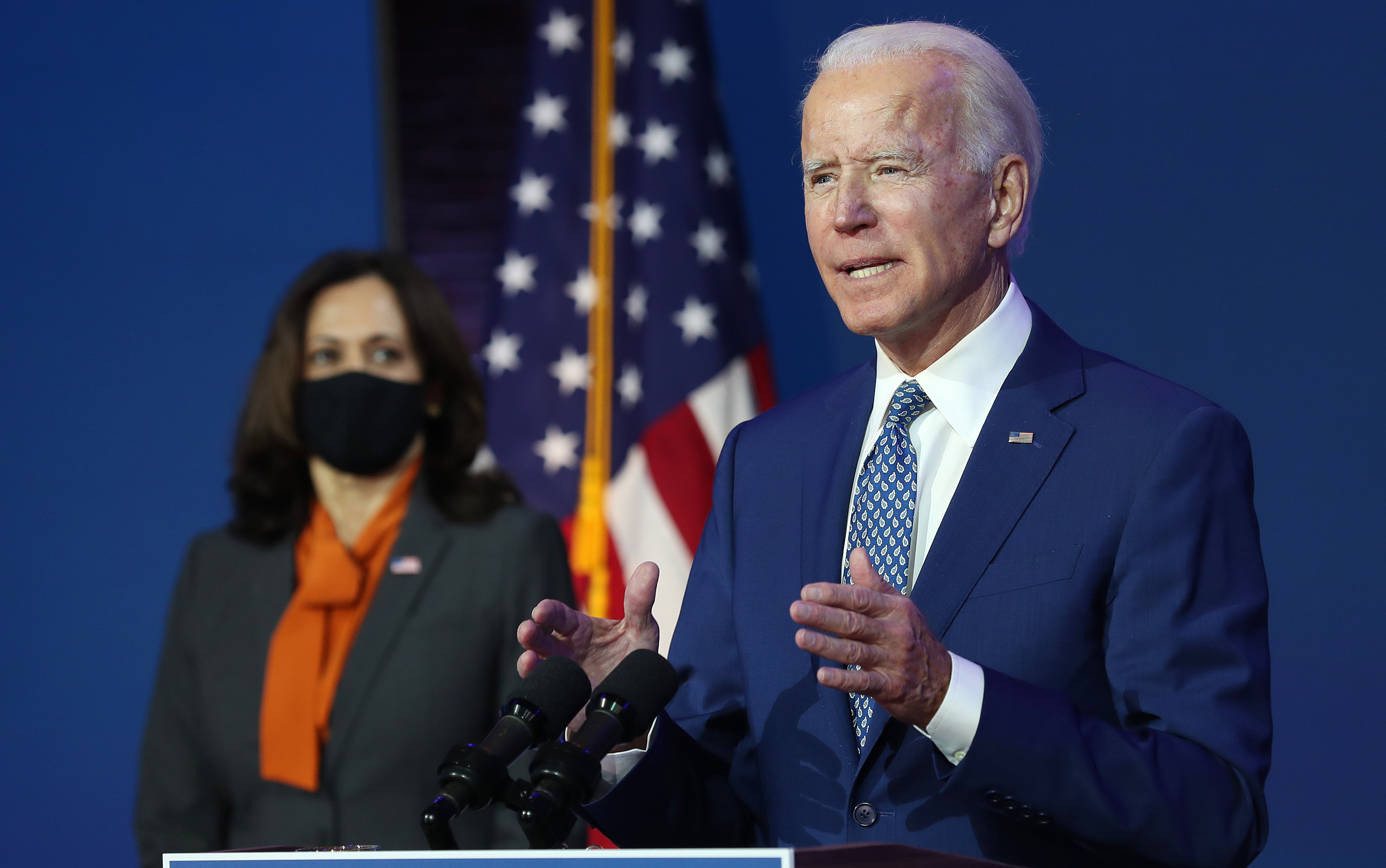 President-elect Joe Biden speaks to the media as Vice President-elect Kamala Harris listens in Wilmington, Delaware,&nbsp;on Nov.&nbsp;9.