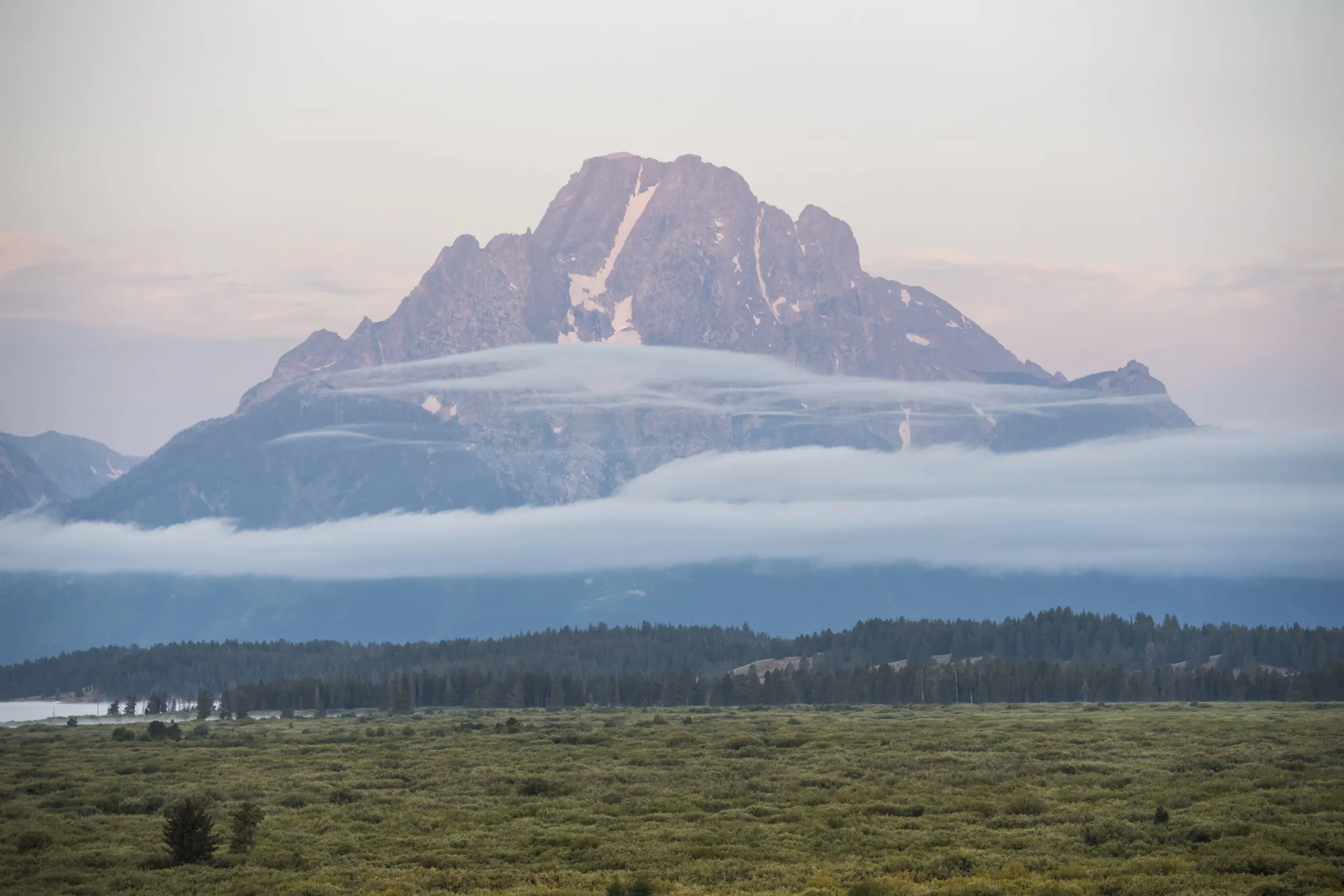 The Grand Teton mountain range is seen from the Jackson Lake Lodge.