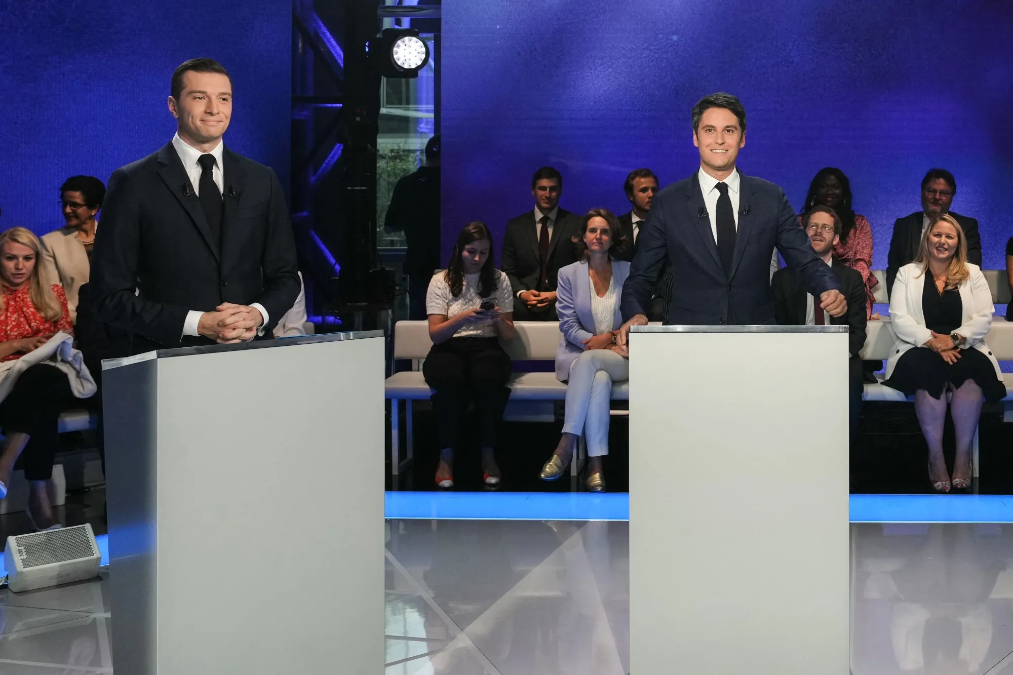 Jordan Bardella, left, and Gabriel Attal, prior to a political debate in Boulogne-Billancourt on June 25, 2024.