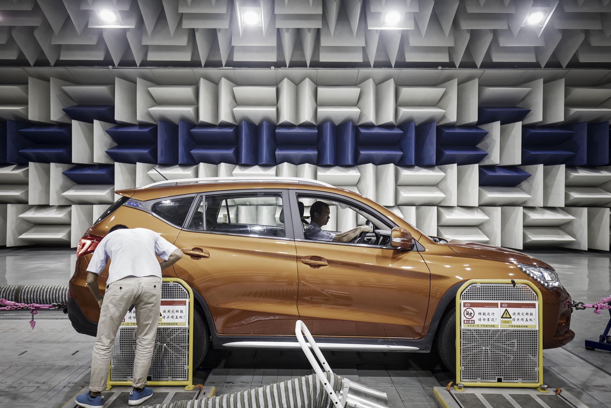 A vehicle sits in a testing lab at the BYD Co. headquarters in Shenzhen, China.
