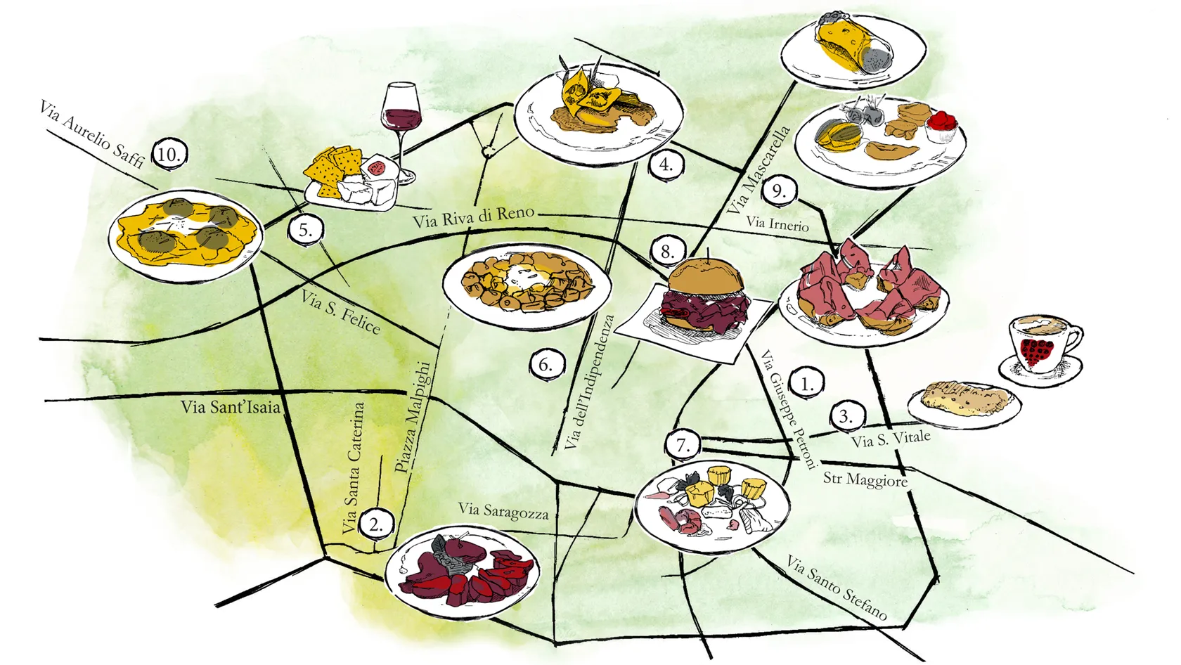 (1) Alce Nero Berbere: Pizza with prosciutto di Mora Romagnola, burrata, dried apricots, fior di latte. (2) All’Osteria Bottega: Baby pigeon breast with chicory and pancetta. (3) Il Gelatauro: Pistachio cake and cappuccino. (4) I Portici: Raviolo filled with Genovese-style rabbit, smoked buffalo provoke cheese, and field herbs. (5) Osteria da Mario: Focaccia and flatbread snacks with wine. (6) Ristorante Diana: Tortellini in brodo. (7) Ristorante Pappagallo: Three Fishes Hamburger with oyster mayonnaise. (8) Swine Bar: Roast beef burger with endive, bacon, cheese. (9) Trattoria da Francesco: Starter of Sicilian fish; cannolo con ricotta. (10) Trattoria Dell’autotreno: Tortellini with cheese and walnut. Illustration: Genevieve Walker/Bloomberg