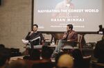 This Oct. 2021 image provided by Rideback Rise shows comedian Hasan Minhaj, left, giving a master class, in Los Angeles, that showcased the type of programming Rideback Rise will provide to its fellows and others. (Jenna Kim/Rideback Rise via AP)