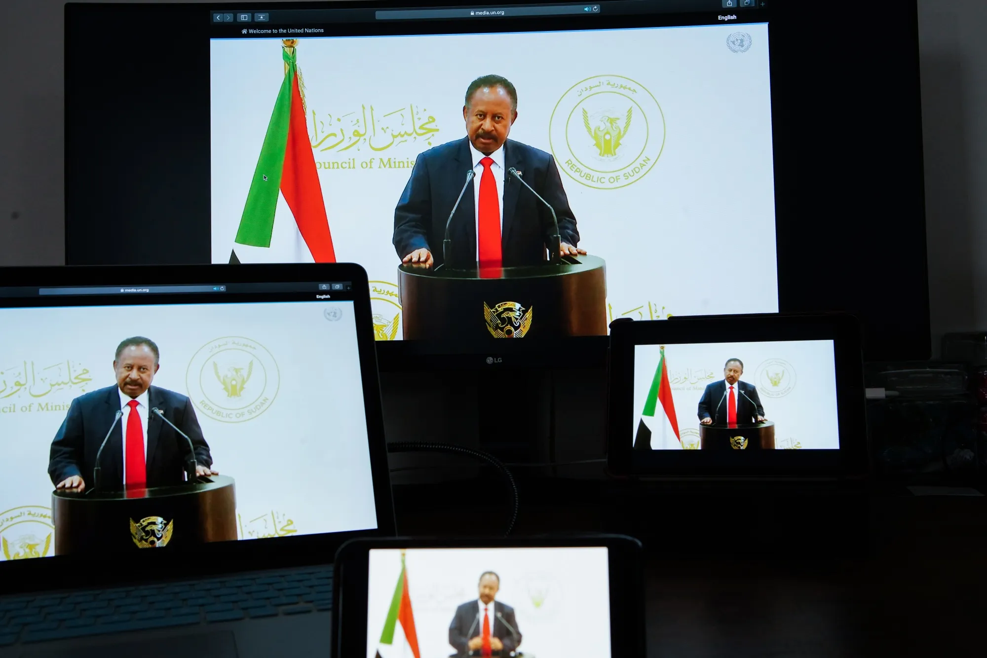 Abdalla Hamdok, Sudan's prime minister, speaks in a prerecorded video during the United Nations General Assembly via live stream in New York, on Sept. 25, 2021.