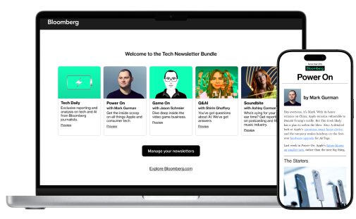 Laptop with image of a bloomberg Tech Newsletter Bundle page opened in a browser layed behind a smartphone with a newsletter article